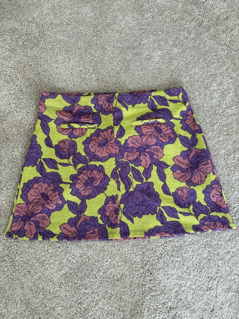 Zara Floral A-Line Mini Skirt in Lime with Purple & Pink Flowers